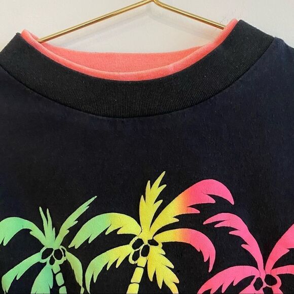 Vintage Black Boxy Layered Collar Neon Ombré Palm Tree Bahamas Graphic Tshirt XL - Picture 3 of 8